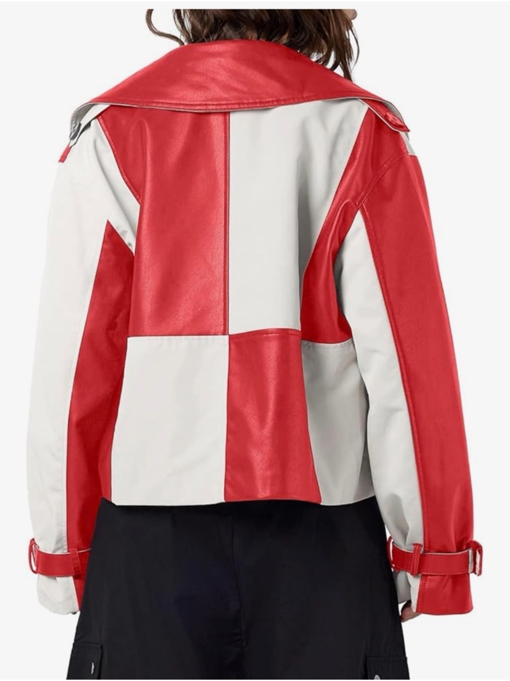 Colorblock Red & Cream VEGAN Leather Jacket - Women - Picture 5 of 10